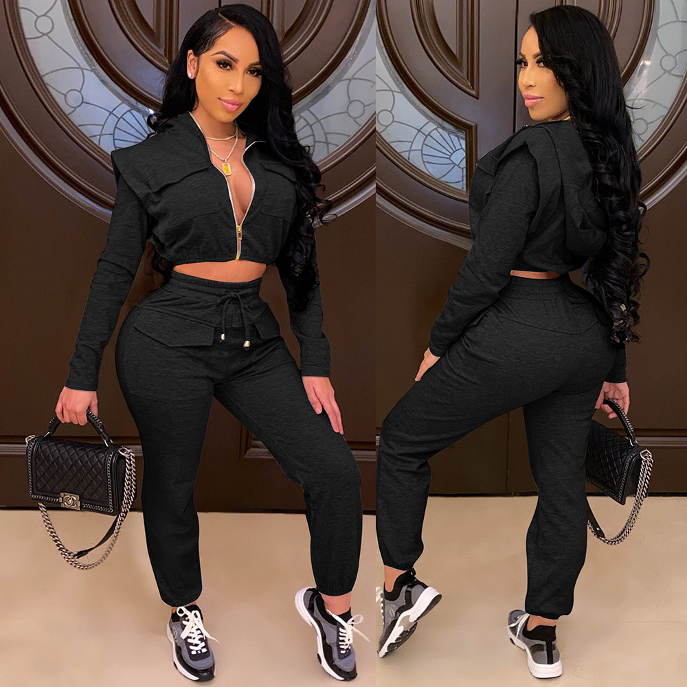 Women Sexy Zip with Cap Long Sleeve Top + Trousers Two-piece Set 7