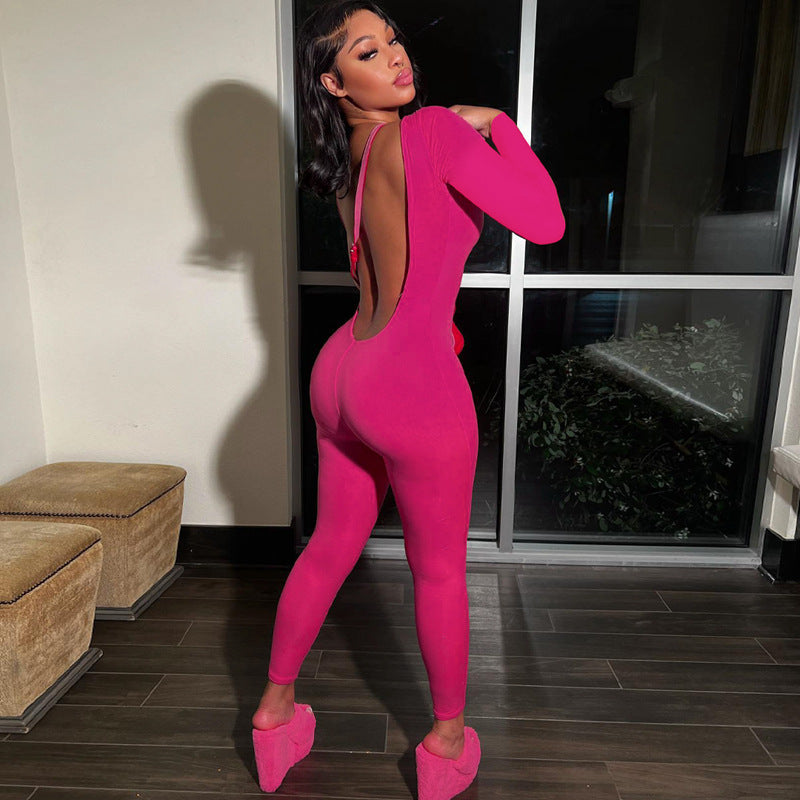 Women's Low Back Solid Color Long Sleeve Jumpsuit Fall Slim Sports Basic Overall Pants 4