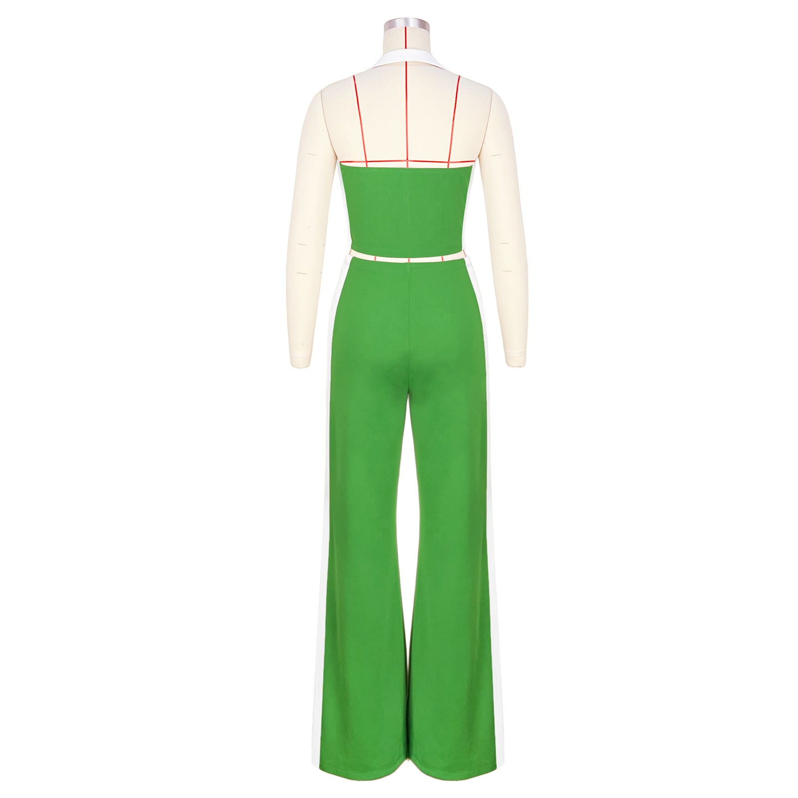 Patchwork Contrast Color V-Neck Zipper Slit Two-Piece Pants Set 8