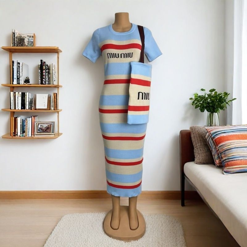 Color Block Striped Knitting Short Sleeve Summer Casual Long Dress(With Bag）