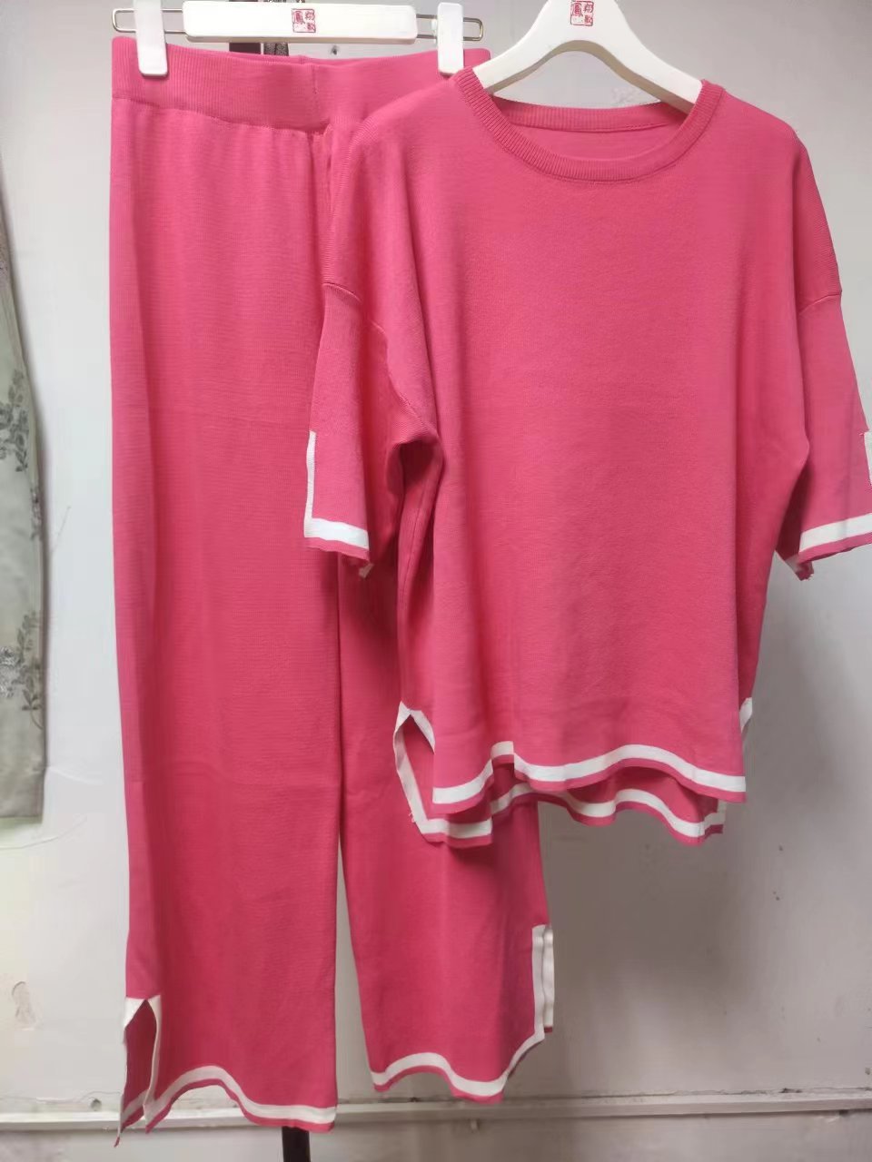 Women summer knitting short-sleeved Topand wide-leg pants two-piece set 25