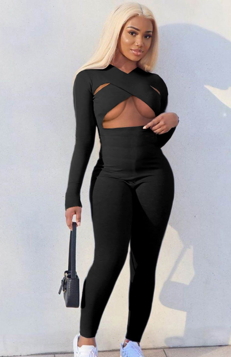 Autumn Black Cut Out Long Sleeve Sexy Basic Jumpsuit