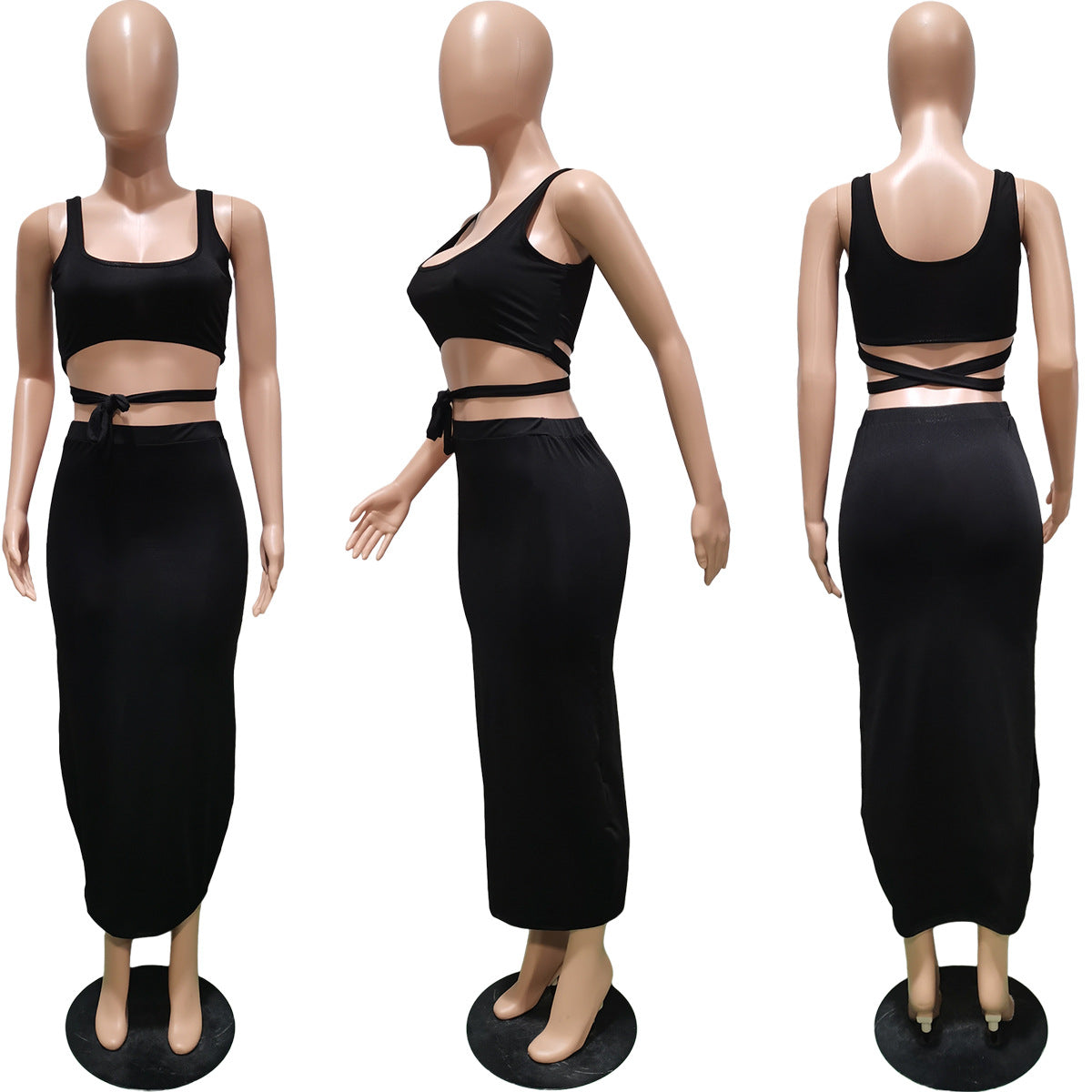 Women's Spring Summer Solid Color Strap Slim Two Piece Skirt Set 16