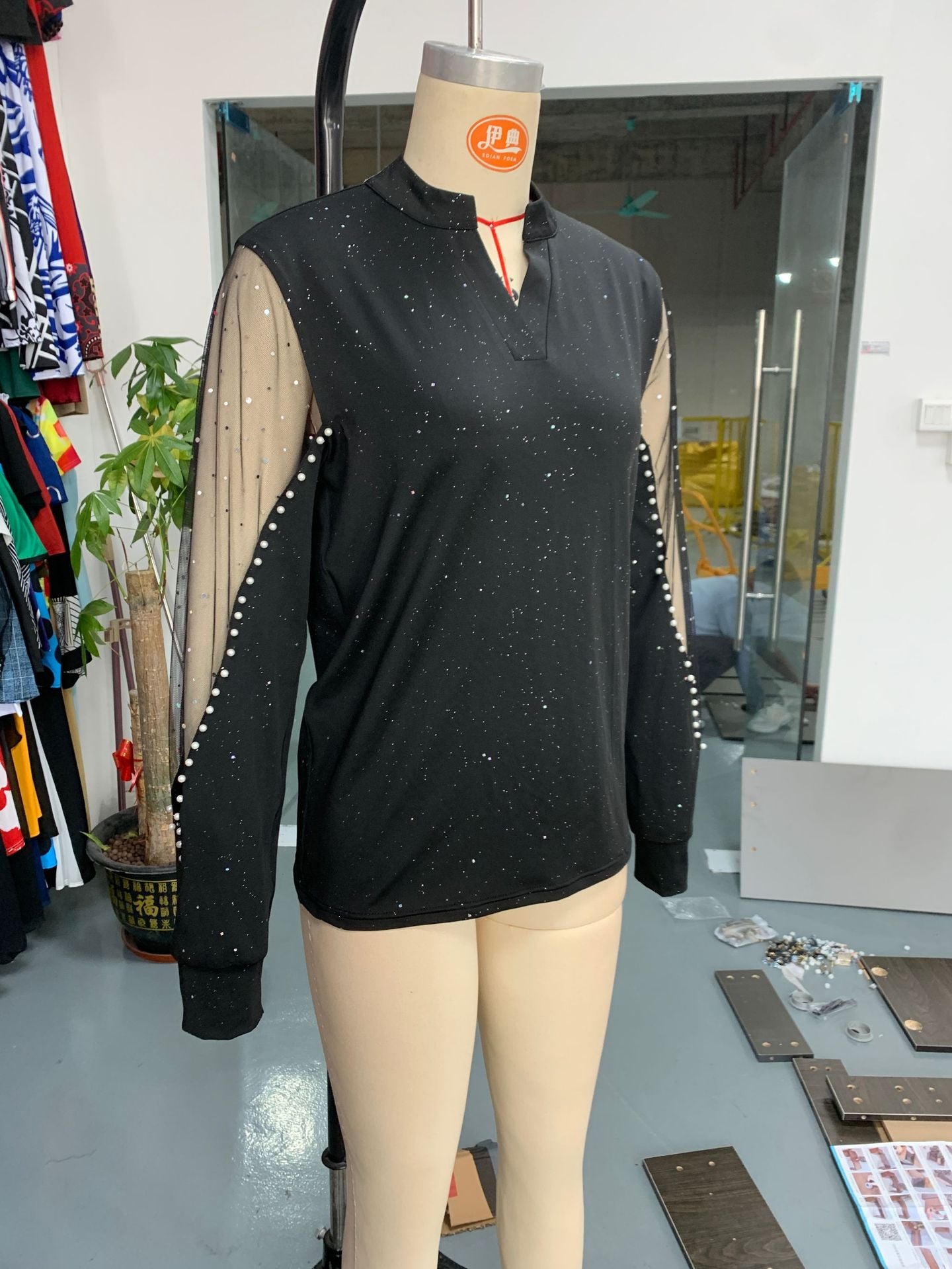 Women spring and autumn sexy v-neck mesh Patchwork See-Through long sleeve T-shirt 4