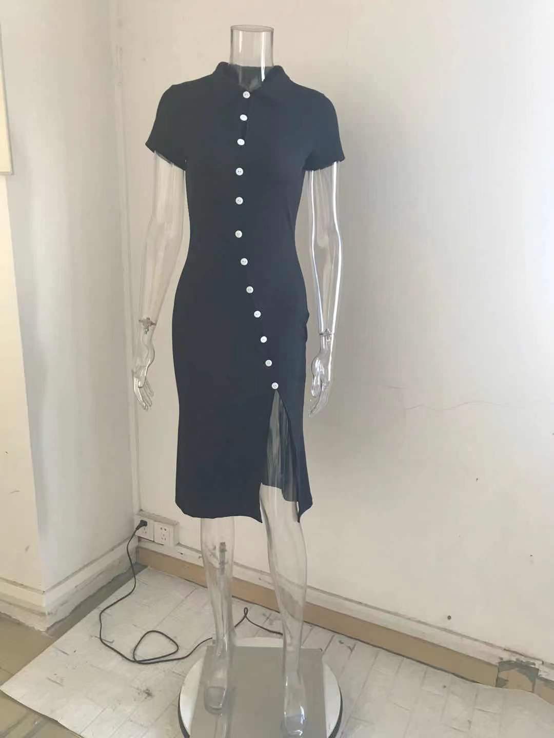 Women Button Bevel Slit Solid Dress 11