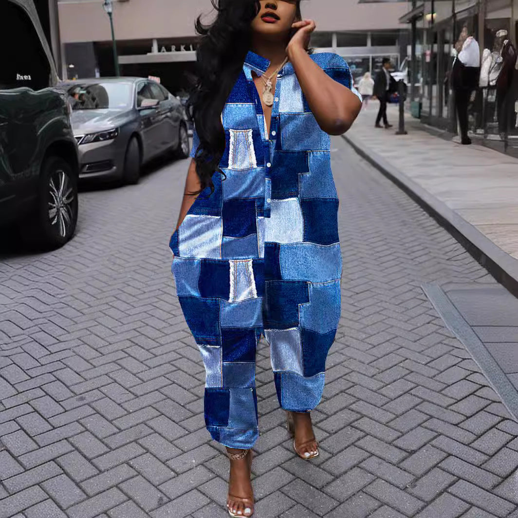 Women Turndown Collar Loose Irregular Print Jumpsuit 7