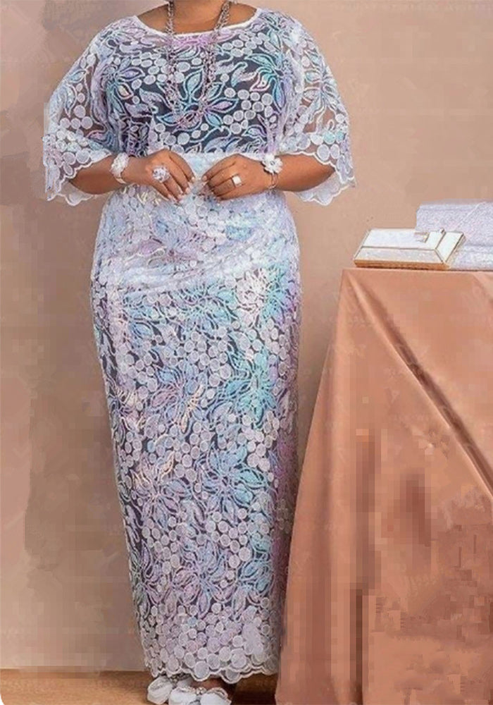 Women's Lace Mesh Embroidery Lace Trim Top & Long Skirt Two-Piece Set