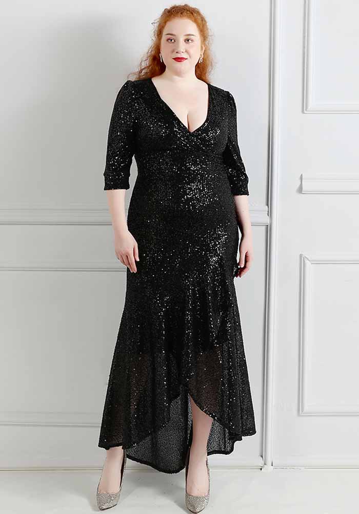 Plus Size Women Sequin V-Neck Formal Party Evening Dress