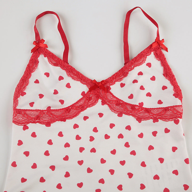 Women Heart Print Lace V-Neck Suspender Top and Shorts Two Piece Set 8