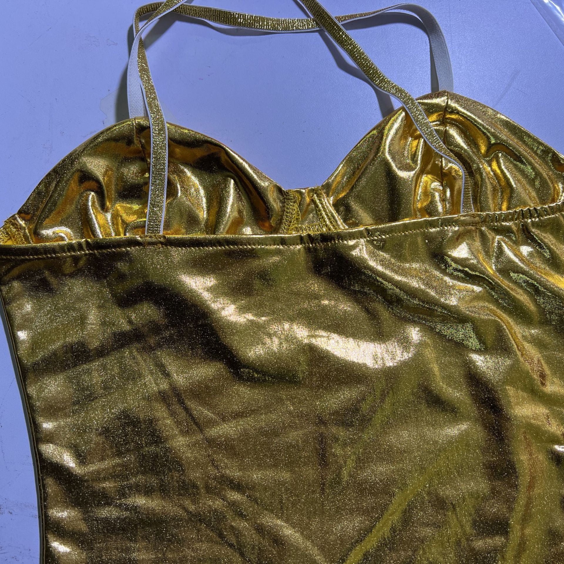 Women autumn shiny strapless sexy bodycon irregular strap Dress 14