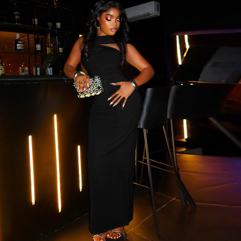 Women Elegant Solid Metal Pleated Bodycon Halter Asymmetric Neck Maxi Dress 3