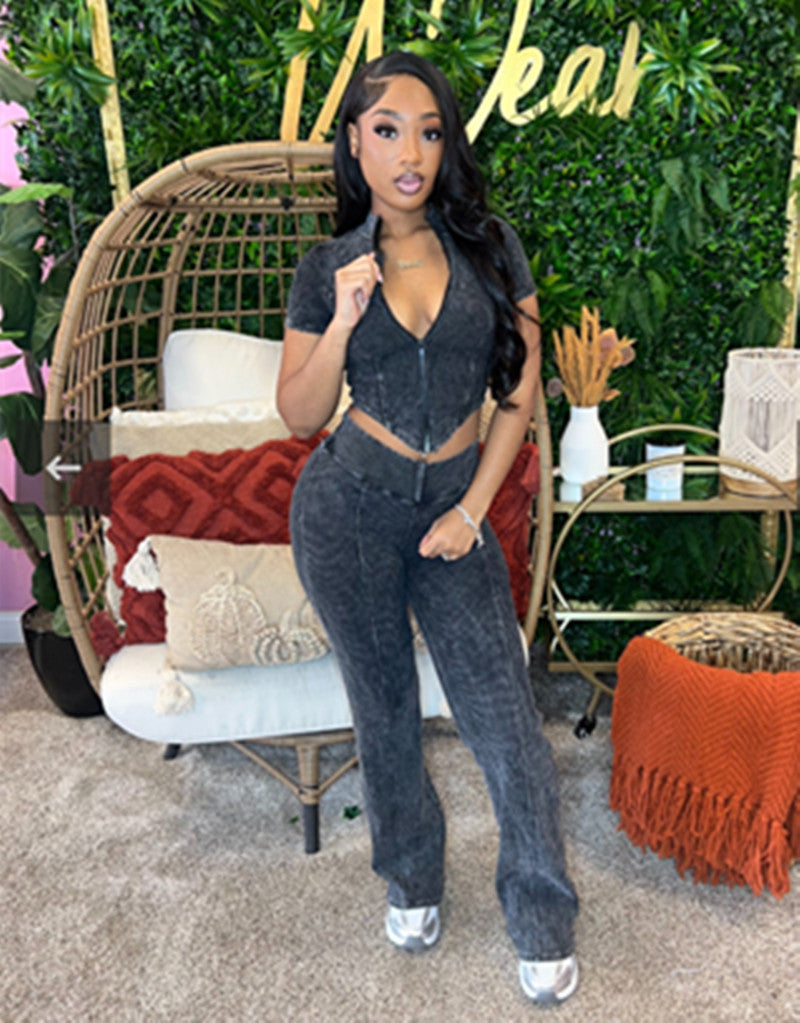 Women Printed Short Sleeve Zipper Top And Bell Bottom Pant Two-piece Set 3