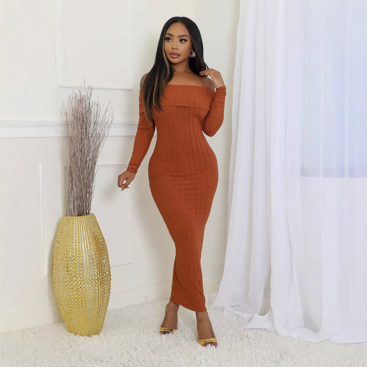 Women Off Shoulder Long Sleeve Elegant Formal Party Dress 7