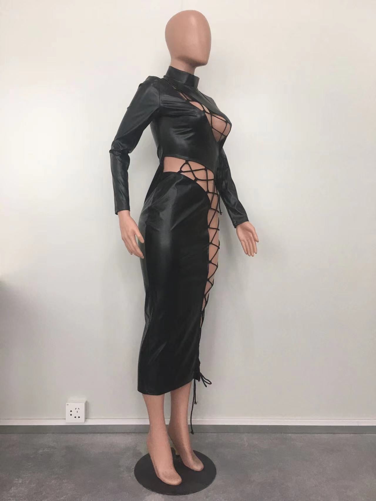 Fall Winter Style Lace-Up Pu Leather Dress 7