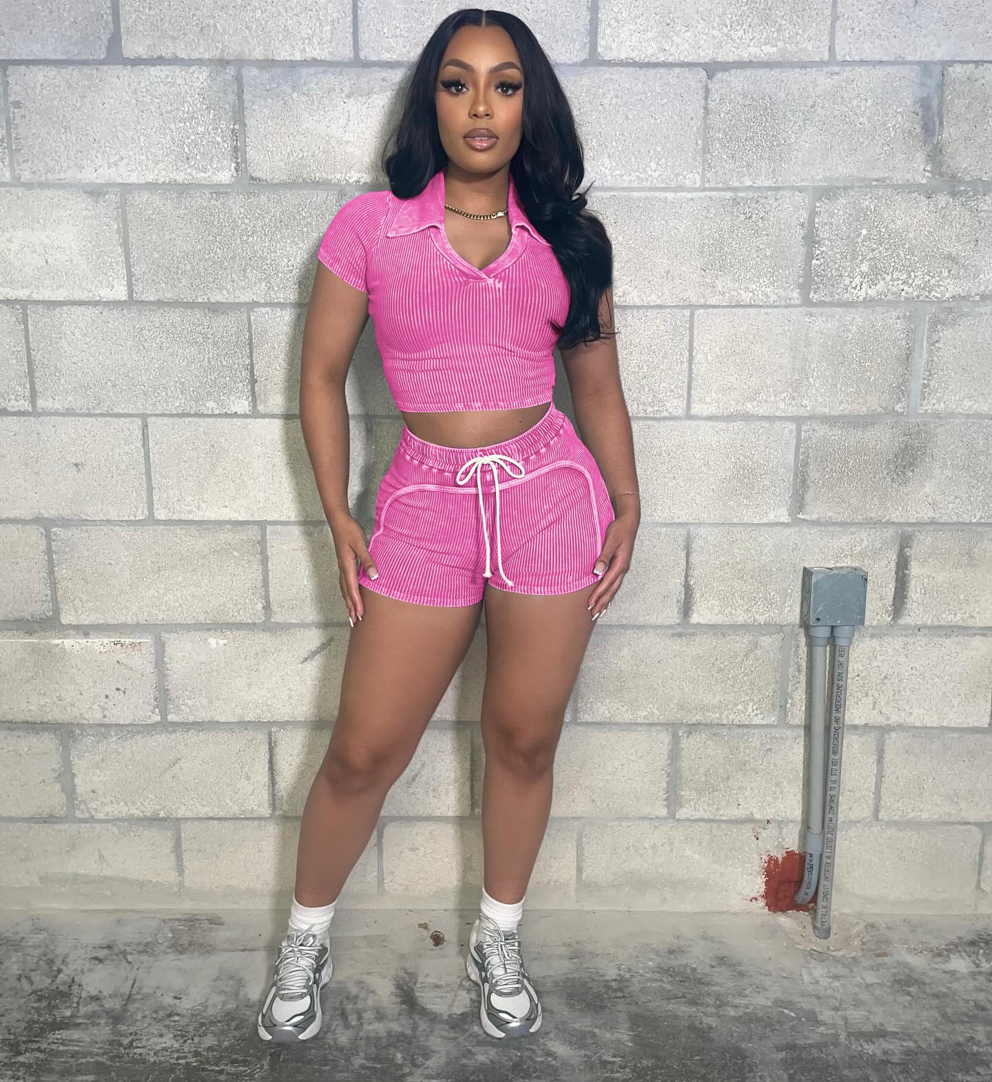 Women's Ribbed fashion Casual Two Piece Shorts Set 3