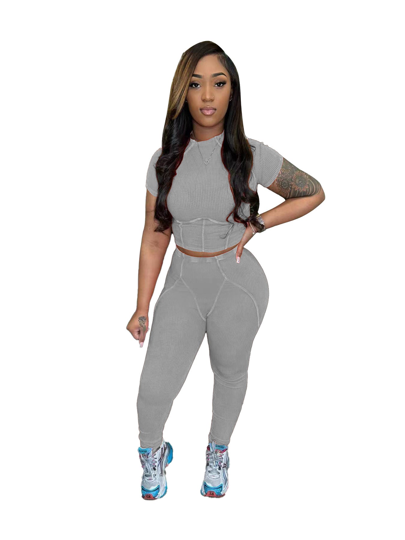 Women washed Ribbed short-sleeved top and trousers two-piece set 11