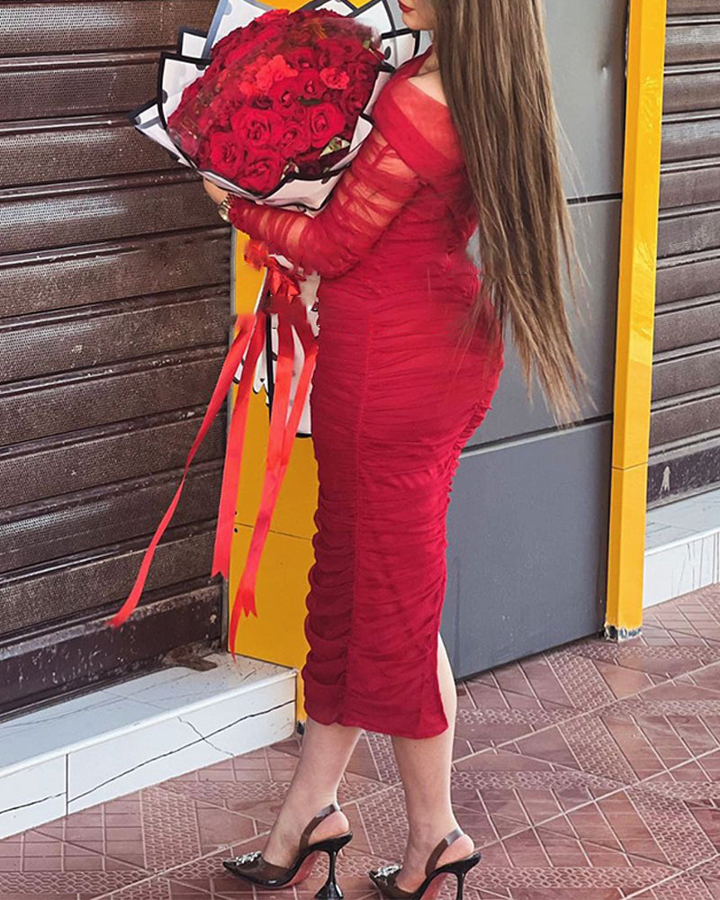 Women Career red Off Shoulder Mesh long sleeve Pleated dress 5