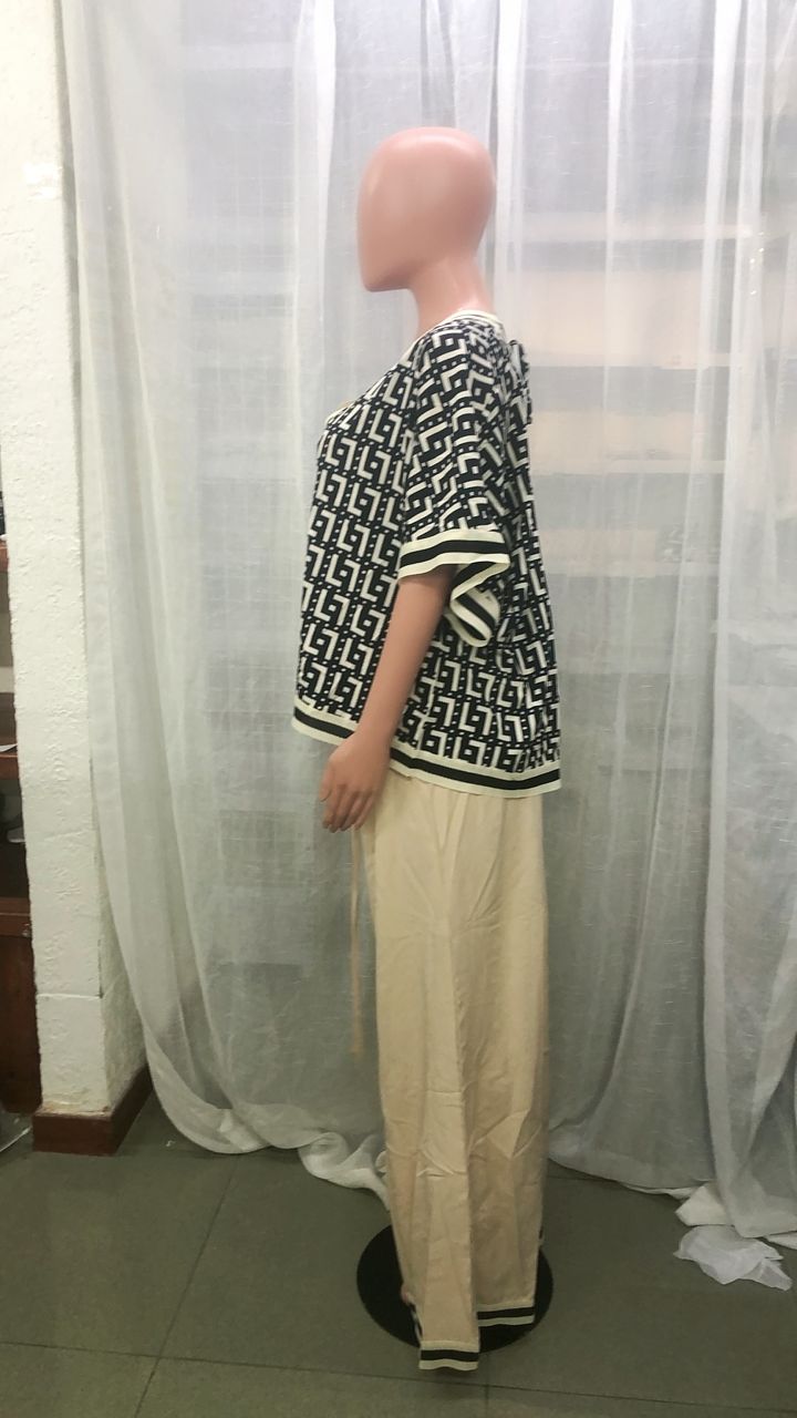 Women'S Casualprint V-Neck Loose Top + Elastic Waist Wide Leg Pants Set 6