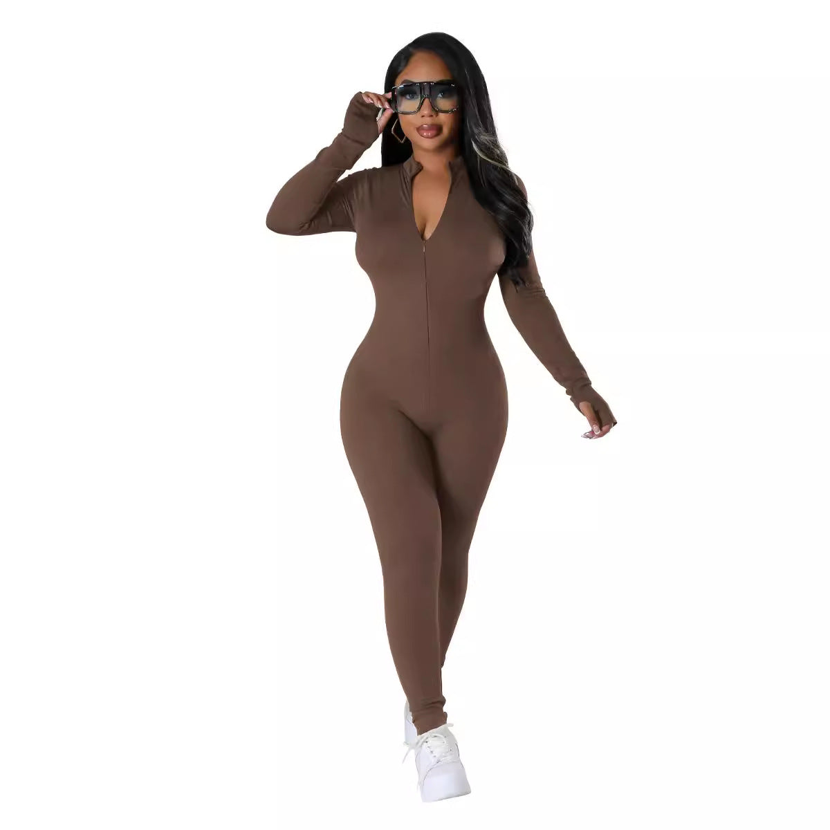 Autumn Winter solid color long sleeve tight slim casual zipper sports jumpsuit 8
