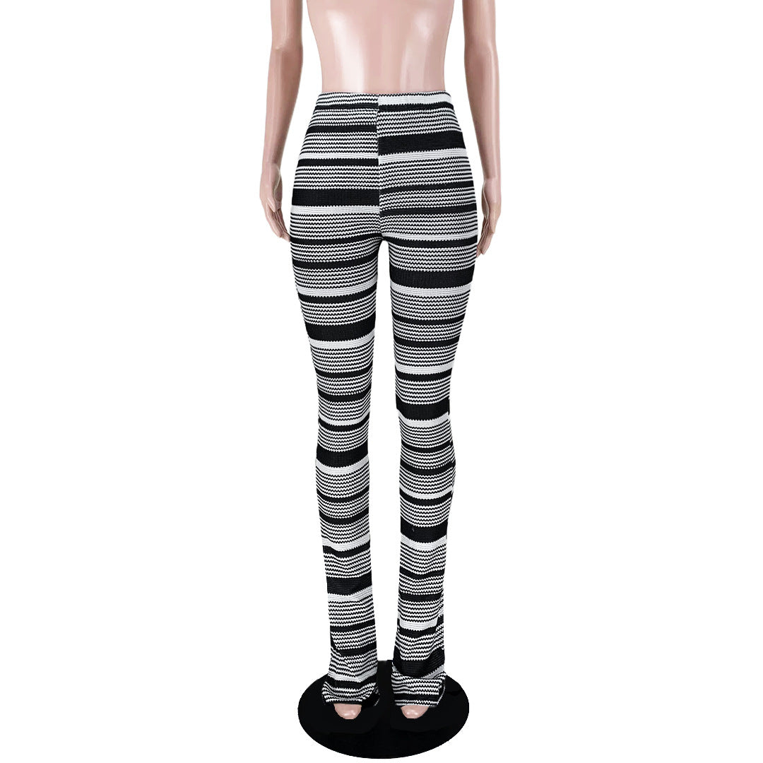 Women's Colorful Striped knitting Hollow Jacquard Fashion Pants Bell Bottom Pants 17