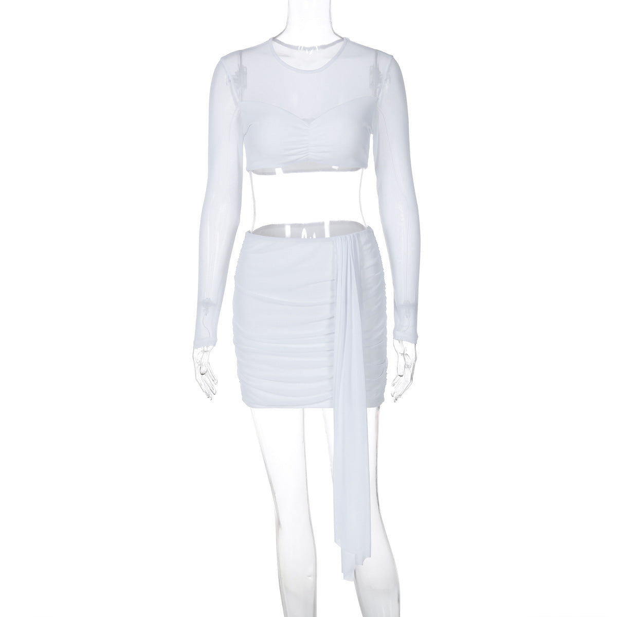 Women's Winter Long-Sleeved Round Neck Mesh Patchwork Short Skirt Two-Piece Set Fashionable Set For Women 9