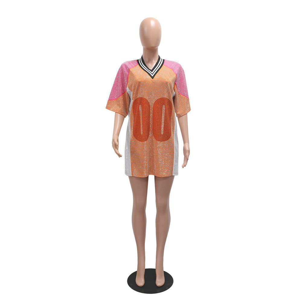 Patchwork Beaded Round Neck Contrast Color half-sleeved v-neck loose jersey dress 7