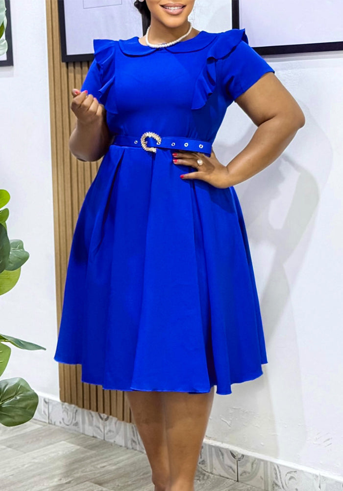 Women's Short Sleeve Peter Pan Collar Solid Color Ruffle High-Waist Swing Dress