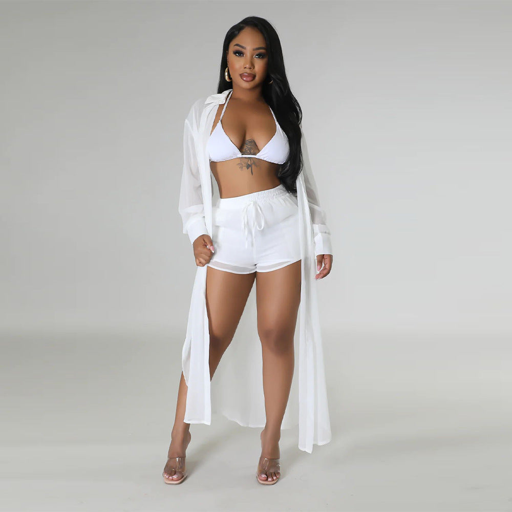 Women See-Through Solidchiffon Long Shirt and Shorts Two-Piece Set