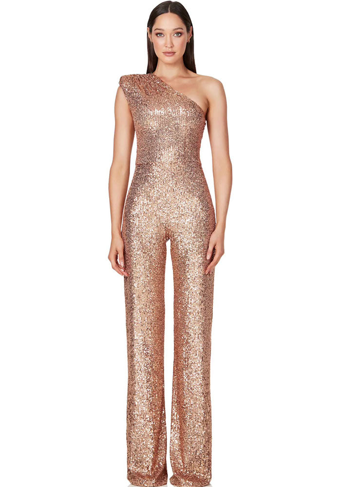 Women's Sleeveless One Shoulder Low Back Sequined Jumpsuit