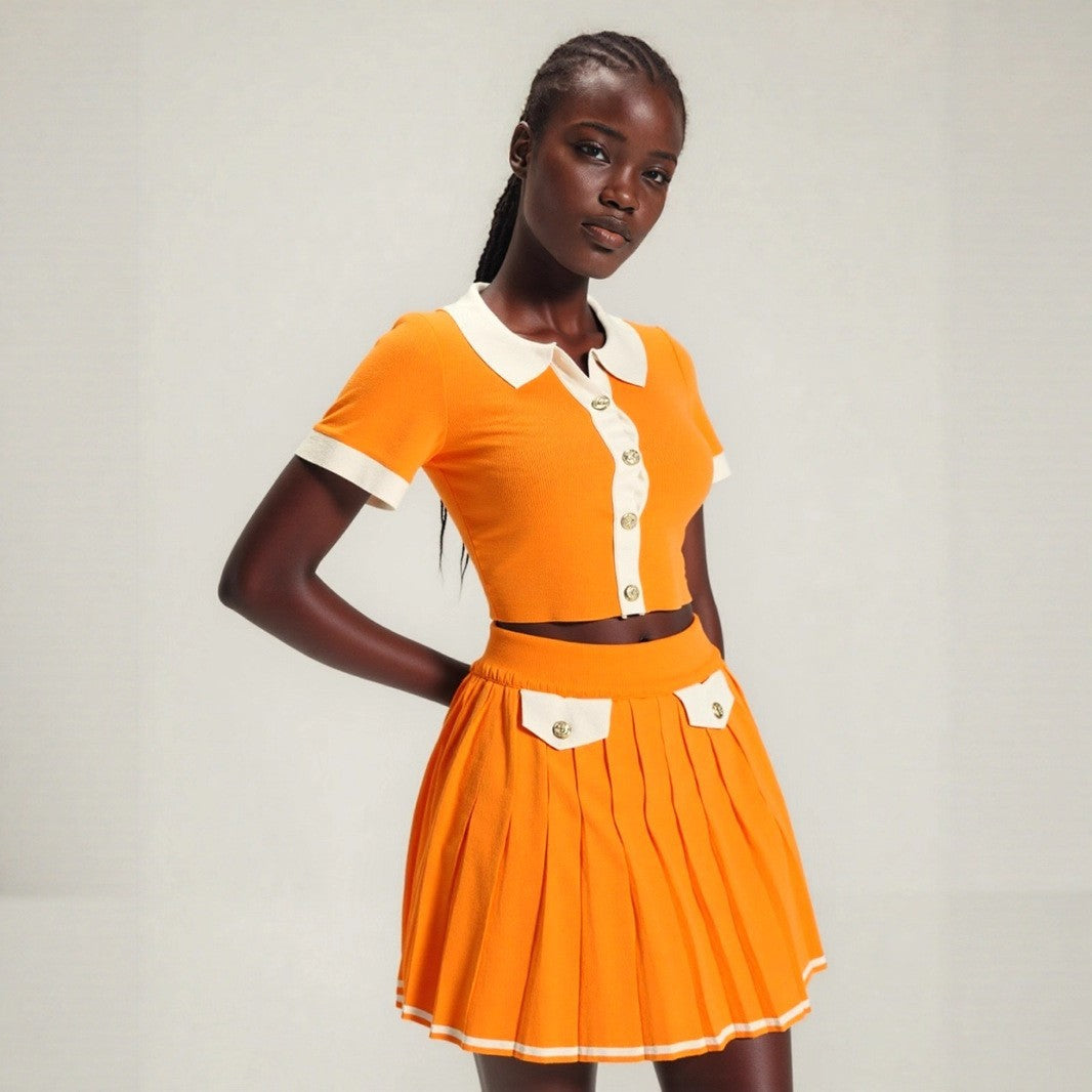 Fashion Turndown Collar Metal Button Cardigan & Pleated Skirt Knit Set 10