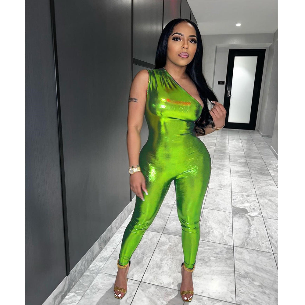 Sexy One Shoulder Solid Color Sleeveless Slim Fitted Pu Leather Jumpsuit 4