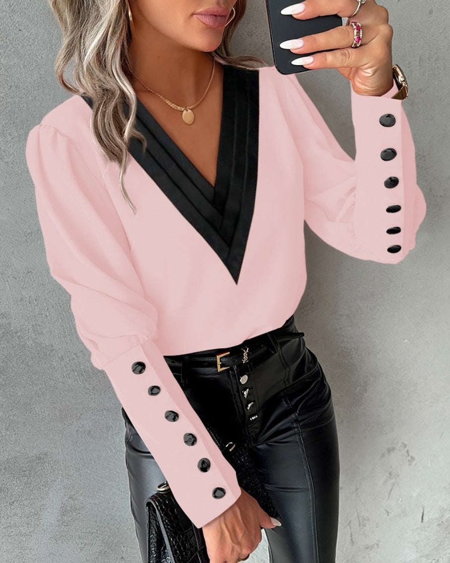 Women V Neck Solid Long Sleeve Button Top 7