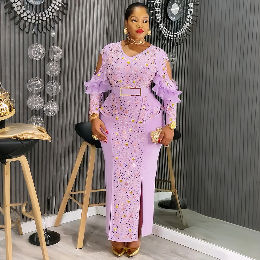 African Women's Plus Size Chic Elegant Fashion Beaded Formal Party Bodycon Dress Evening Gown