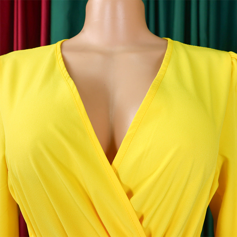 V-Neck Chic Elegant Slim Waist Belted Pleated High Waist Plus Size Dress 28