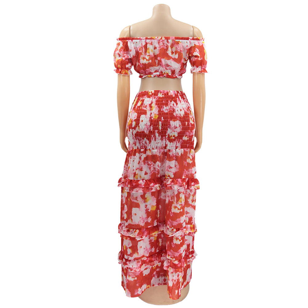 Printed Short Sleeve Sexy Slim Fit Women's Casual Two Piece Skirt Set 11