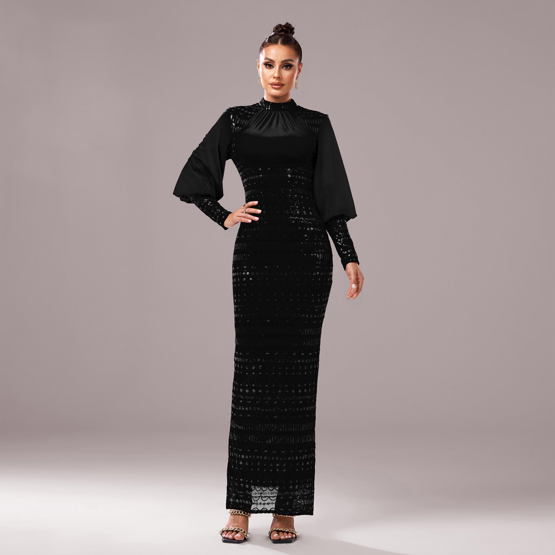 Luxury Long Sleeve Round Neck Formal Party Sequin Slim Slit Evening Dress Women Bridesmaid Gown 3