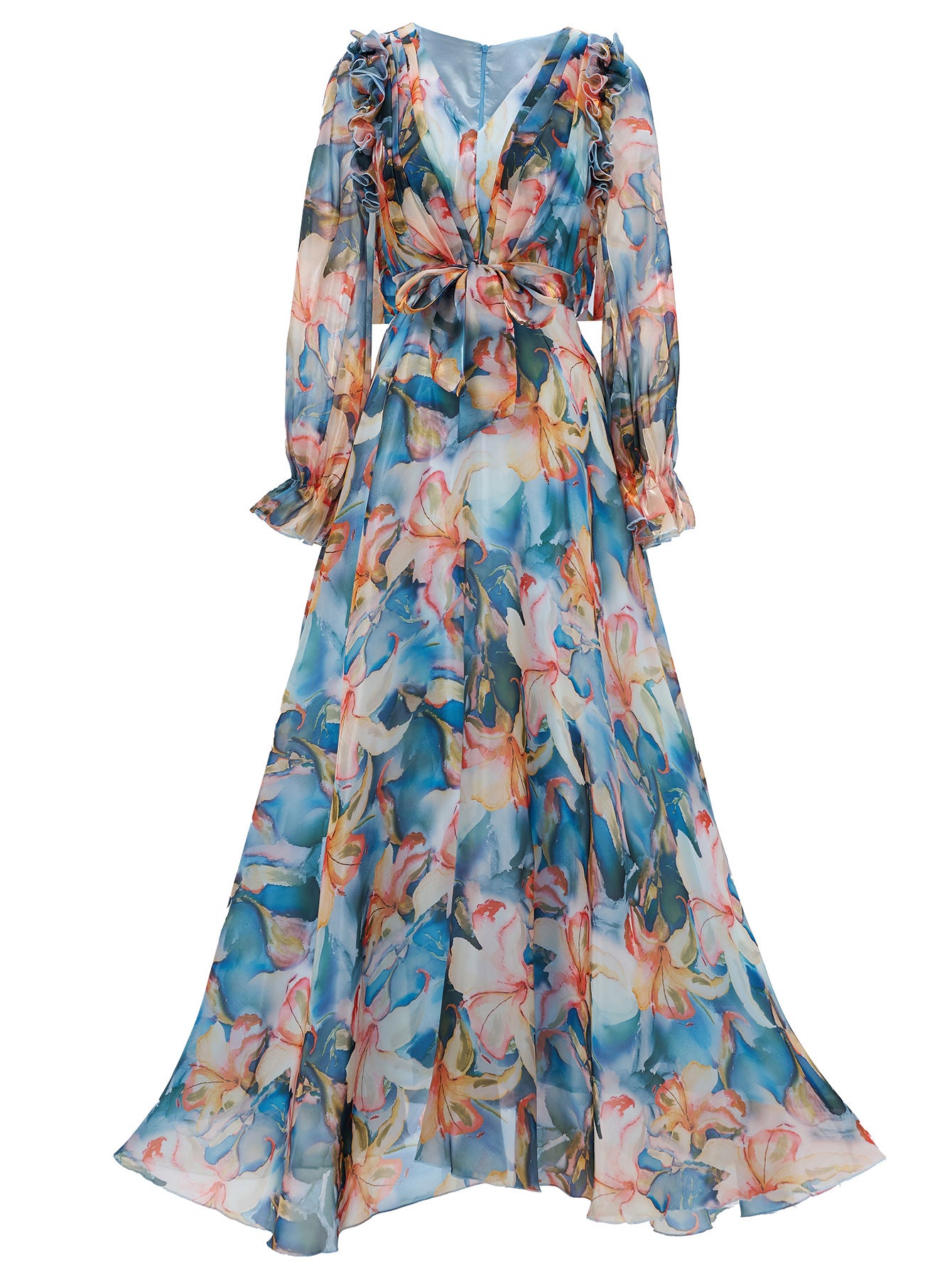 Elegant Women's Long-Sleeve V-Neck Ruffled Formal Party Mesh Evening Gown 10