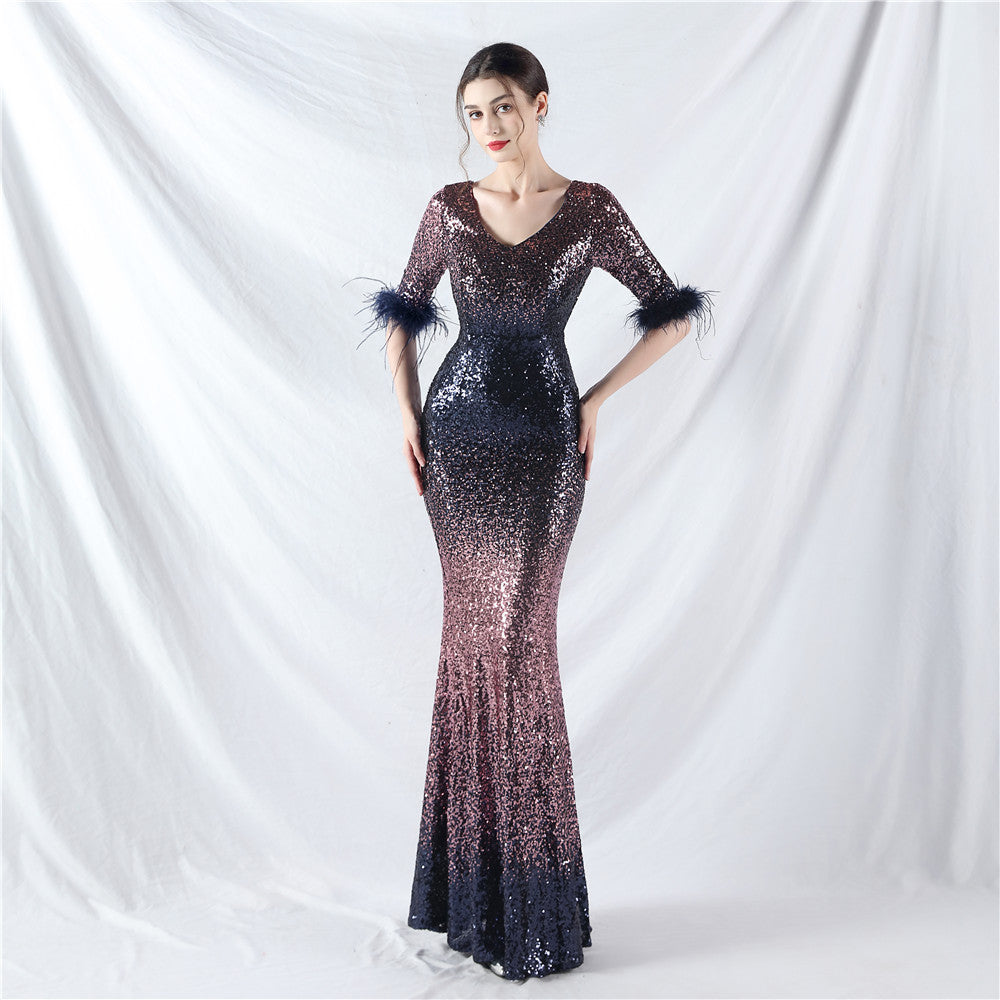 Elegant V-Neck Short sleeve Gradient Sequins Long Sleeve Evening Dress 6