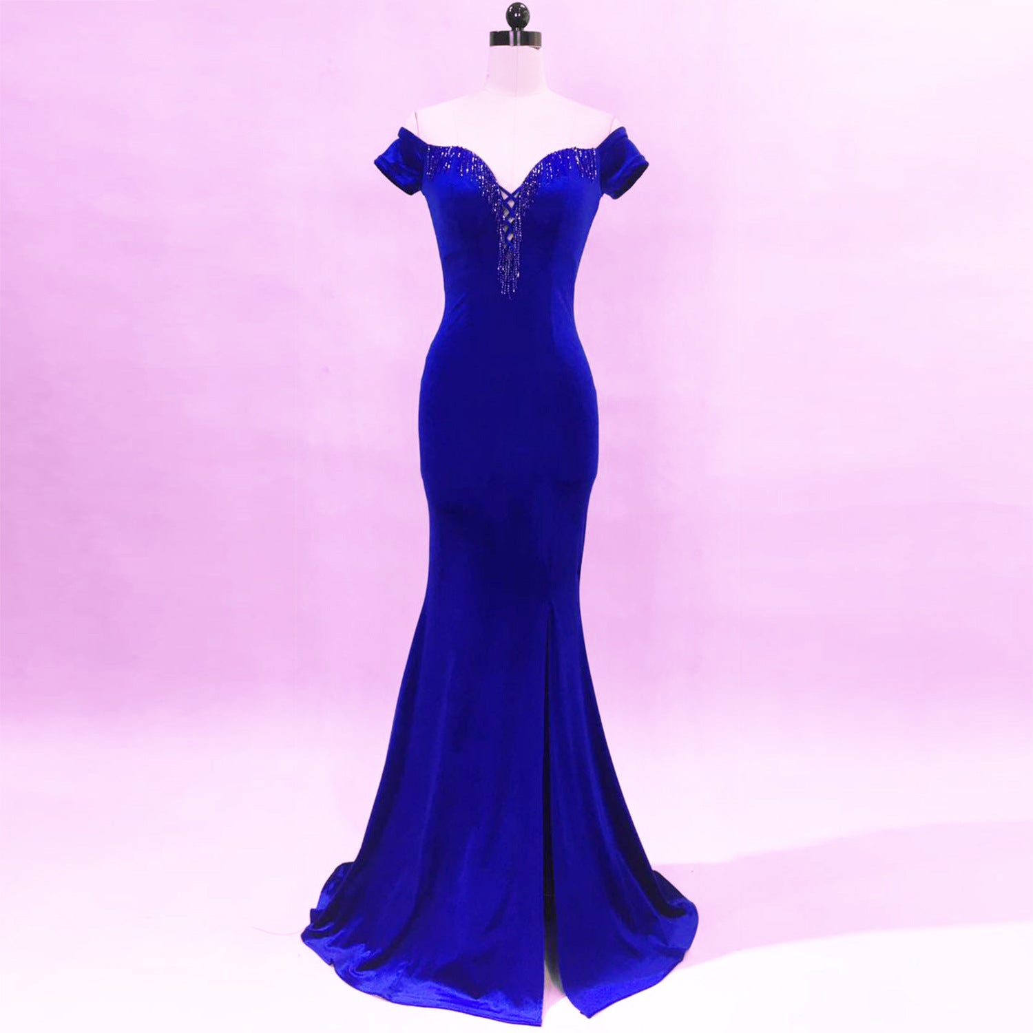 sexy off shoulder mermaid long velvet Formal Party evening dress 11