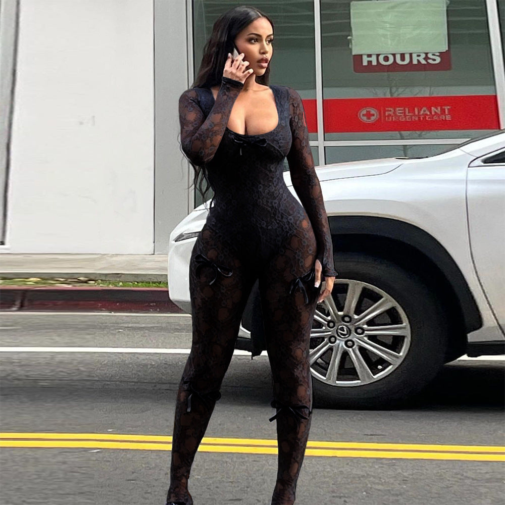 Women's Autumn And Winter U-Neck Long Sleeve Sexy Lace Slim Jumpsuit