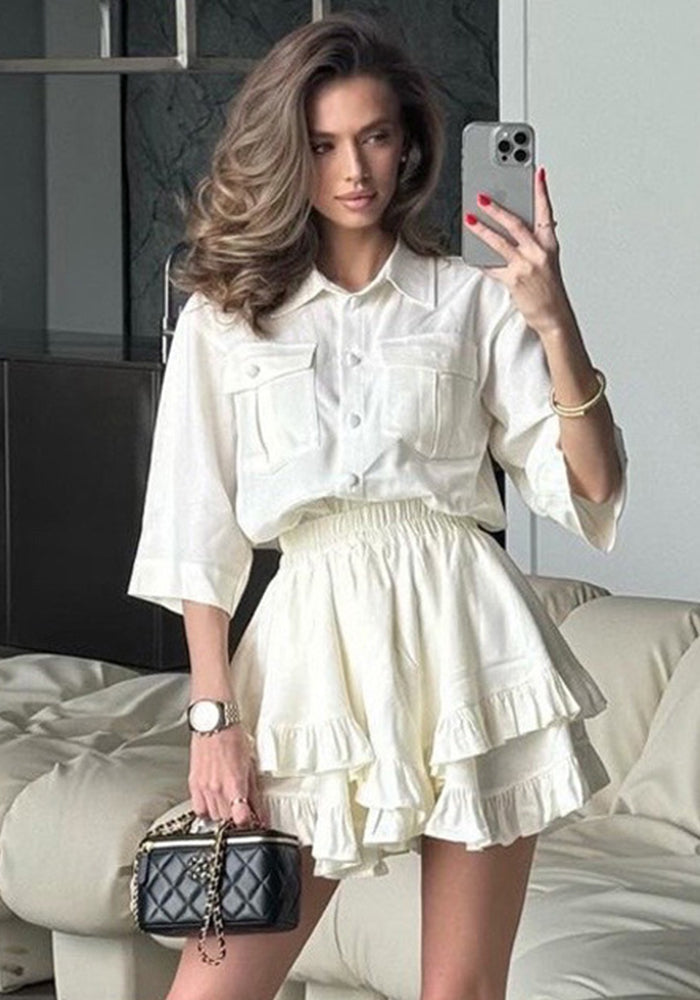 Turndown Collar Short Sleeve Shirt Fashion Ruffled Cake Skirt Two Piece Set