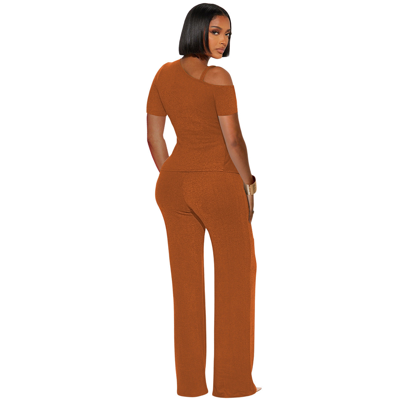 Women's Spring  Slash Shoulder Short Sleeve Pleated Slim Sexy Two-Piece Pants Set 8