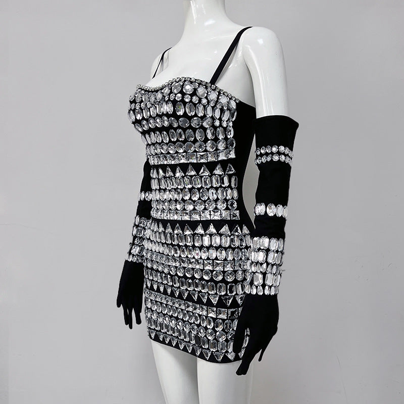 Women's Black Spiked Sleeves Straps Sleeveless Rhinestone Dress Women's Clothing 10