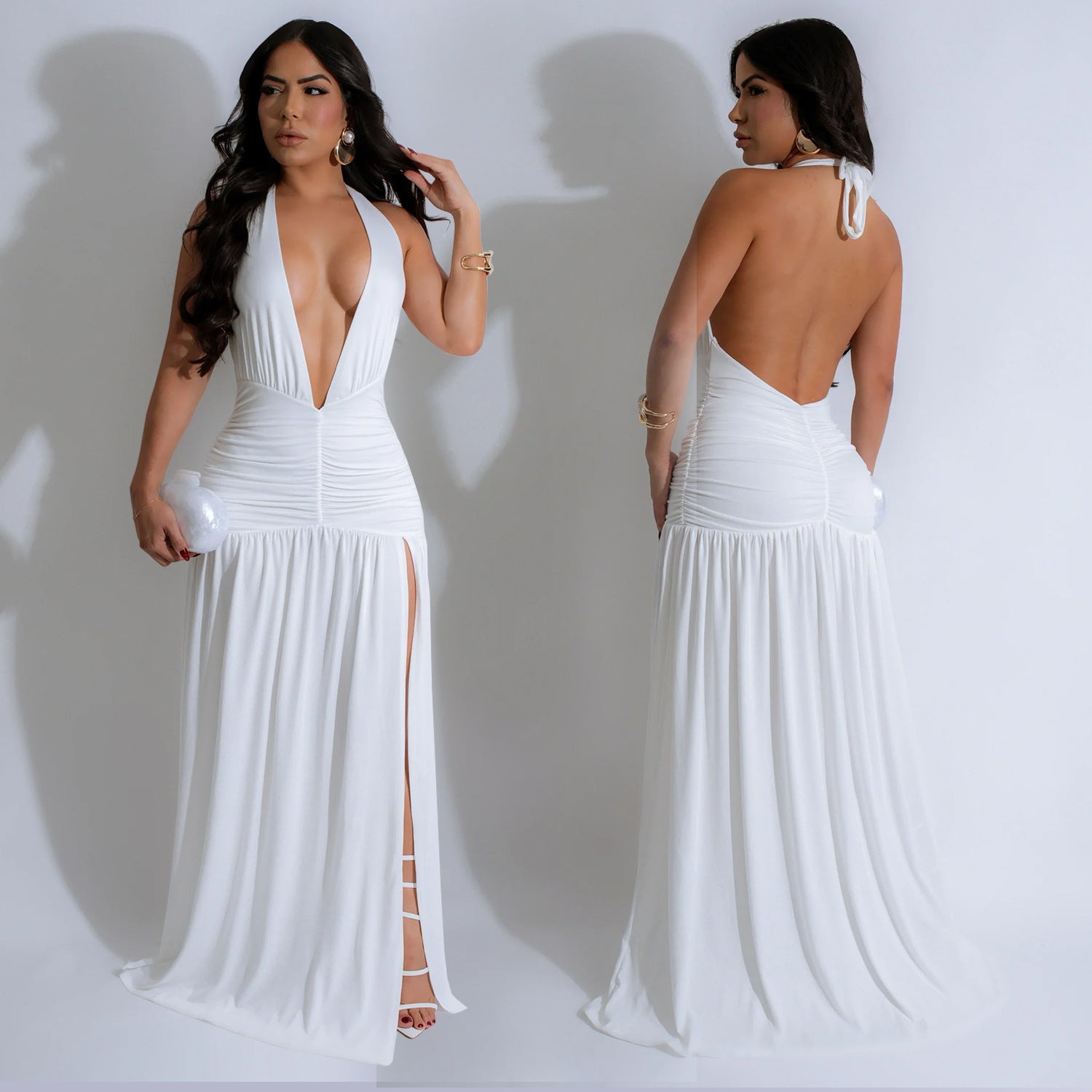 Sexy Halter Neck Deep V-Neck Slit Dress for Women