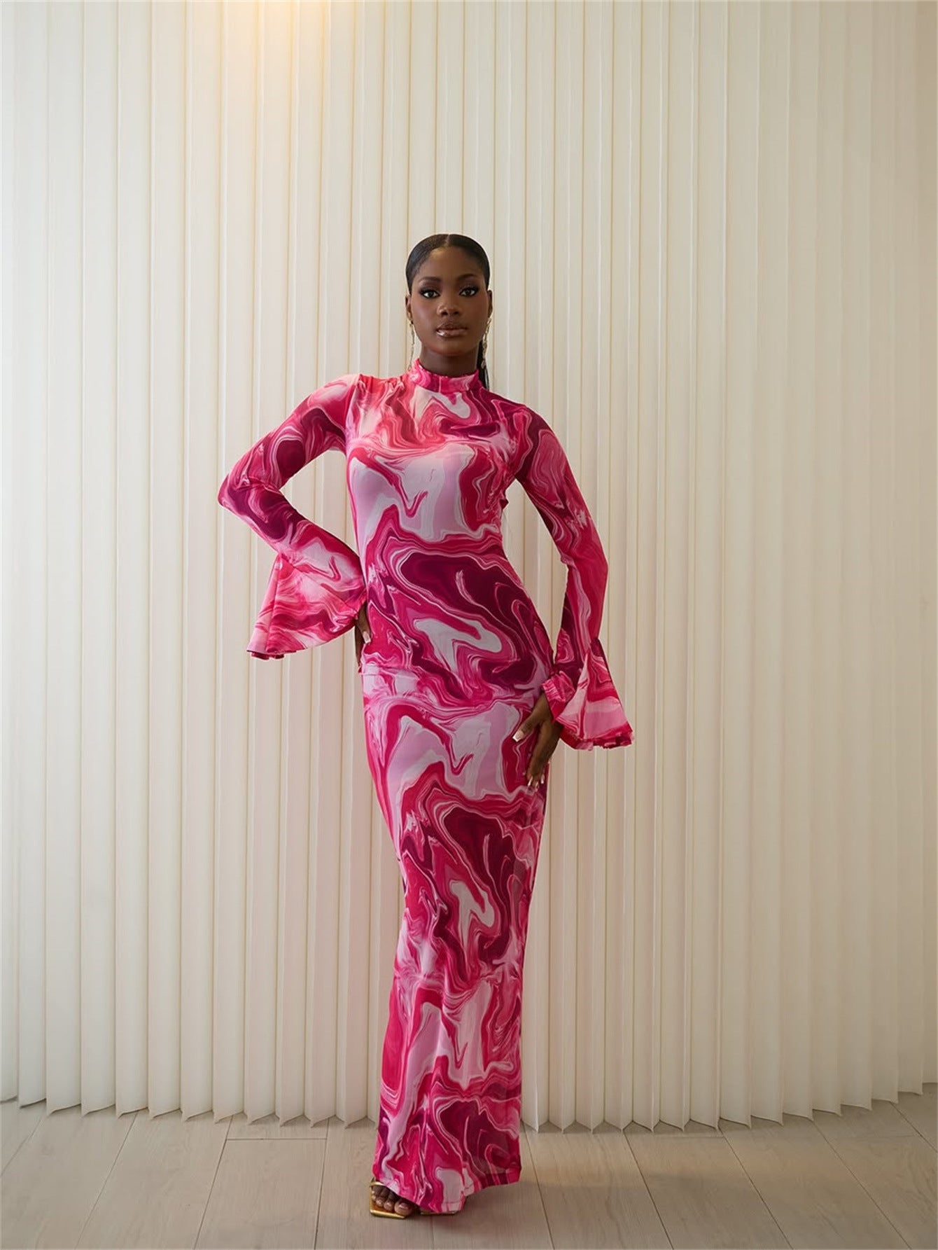 Print Mesh Bell Sleeve See-Through Dress 4