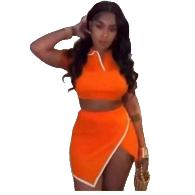 Women Sexy Turndown Collar Short Sleeve Top and Split Skirt Two-piece Set 3