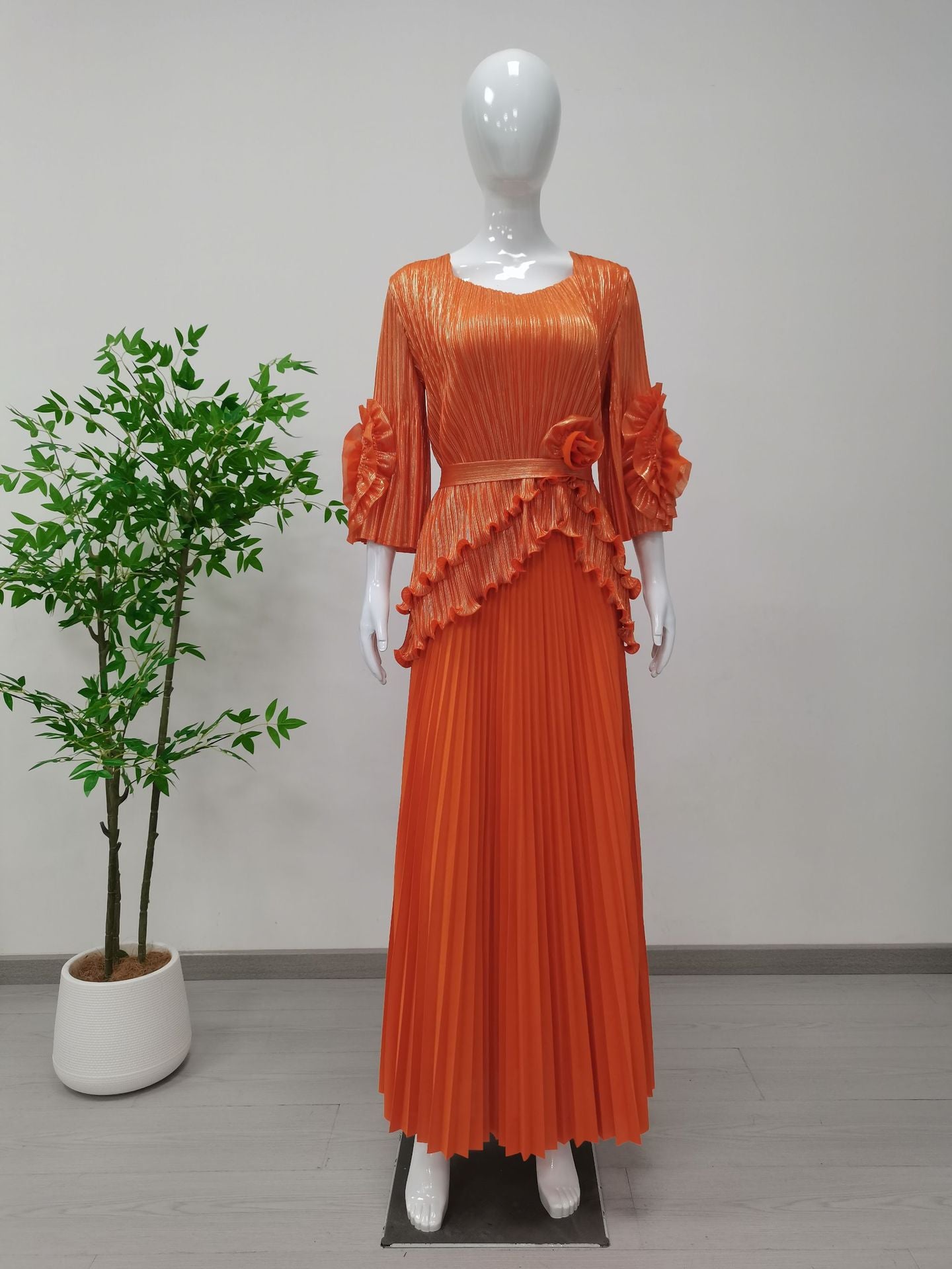 Plus Size Women Casual Pleated Irregular Top and Skirt Two Piece Set 4