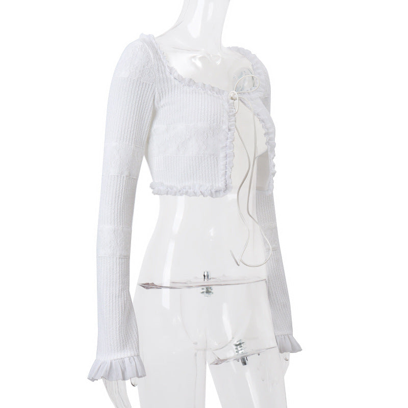 Women Sexy Square Neck Knitting Cardigan Bell Bottom Sleeve Ruffle Top and Shorts Two-piece Set 8