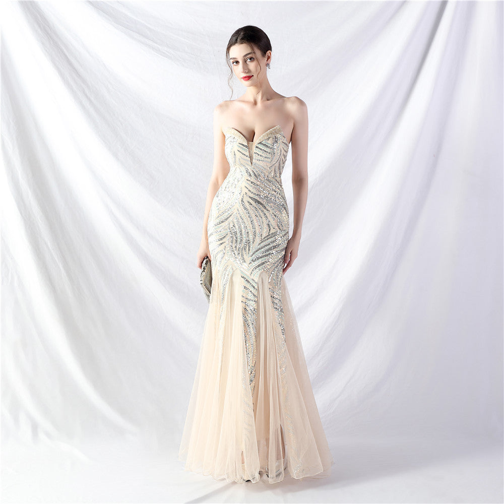 Sequin Mesh Patchwork Strapless Mermaid Evening Dress 13