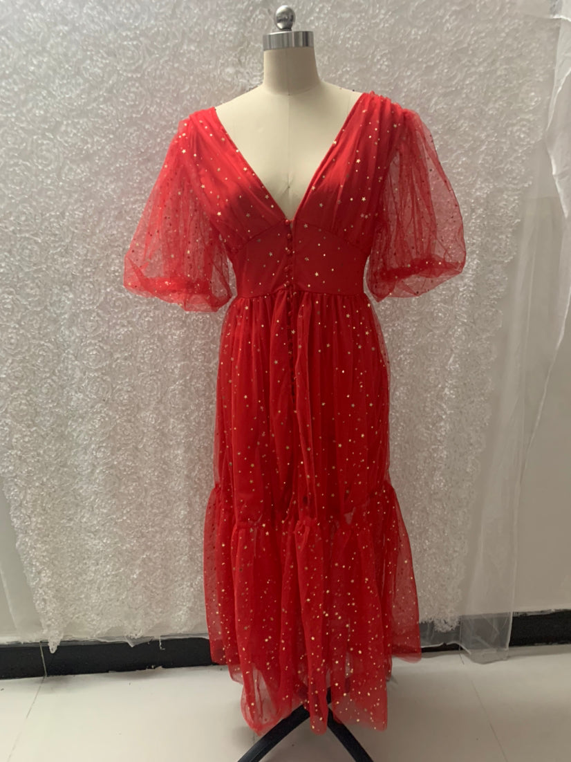 Women v-neck lantern sleeve sparkling mesh dress 7